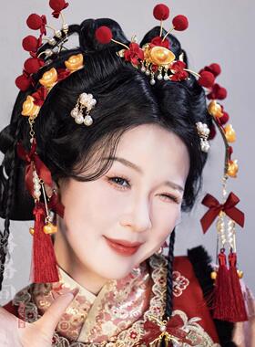 格格间原创【花团锦簇】红色蝴蝶结流苏发冠套装新年儿童可爱汉服