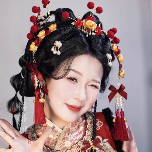 格格间原创【花团锦簇】红色蝴蝶结流苏发冠套装新年儿童可爱汉服