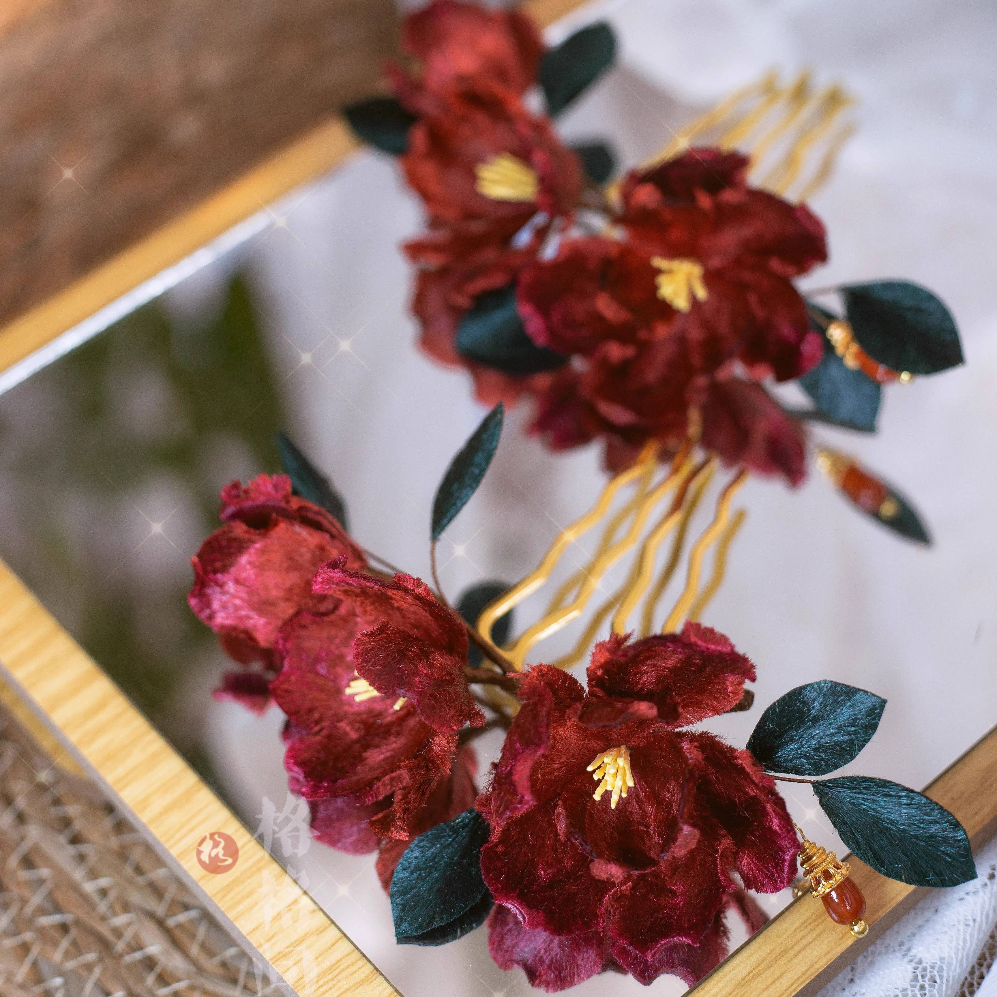 格格间【红茶】红色牡丹白菜绒花非遗发梳发簪原创汉服发饰古风