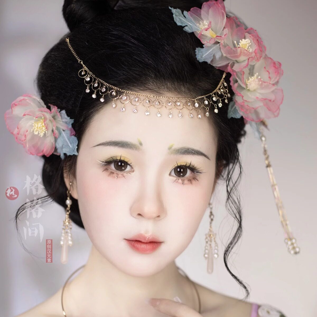 格格间原创【兰意】非遗春日烫花粉色花朵发簪珍珠流苏发饰汉服