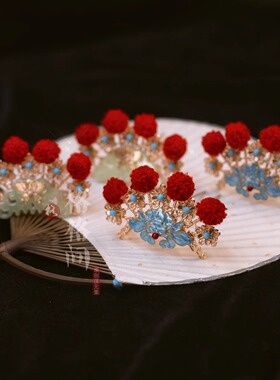 格格间原创【眉梢】古风新年红球发冠财神珍珠花朵排簪发簪汉服