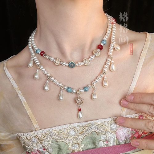格格间【莲池】项链珍珠软璎珞新中式百搭唐风水滴多层汉服配饰