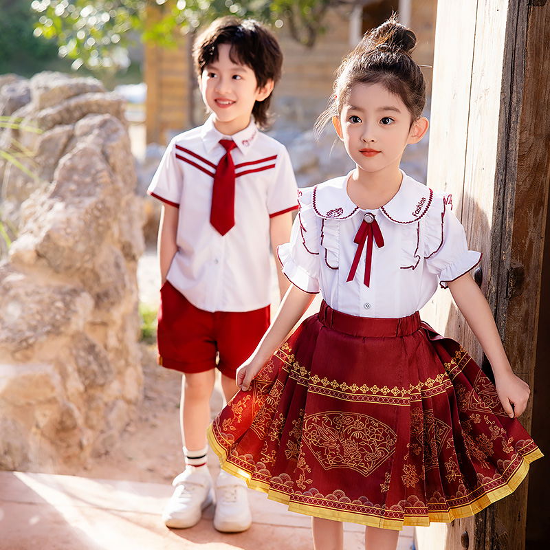 中国风小学生校服幼儿园红套装衬衣款班服运动会服夏中学生合唱服
