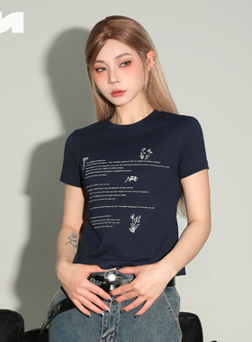 NOMT 短款正肩袖字母植物logo印花t恤休闲短袖圆领百搭款上衣夏季