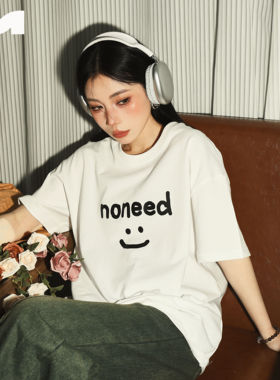NOMT  国潮笑脸字母小众设计休闲宽松T恤圆领情侣款短袖夏季上衣