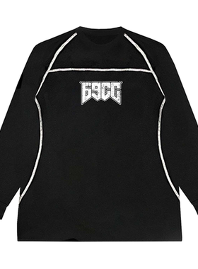 69CC 美式复古线条速干2025潮牌新款设计字母印花圆领长袖