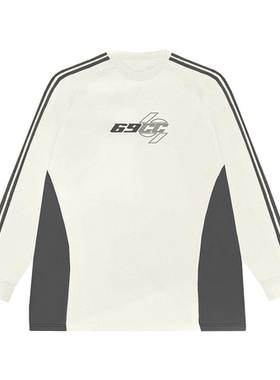 69CC 2025品牌美式复古白灰拼接插肩条纹印花logo长袖