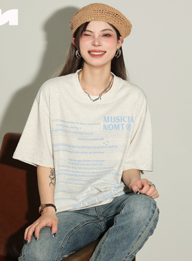 NOMT 国潮百搭乐谱字母印花情侣装夏季休闲宽松上衣圆领短袖T恤
