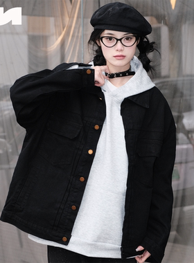 NOMT潮流背后logo印花休闲夹克春秋冬季男女同款排扣宽松牛仔夹克