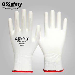 QS白色2001E白PU劳保手套涂层浸胶薄款 透气无尘防滑加油站电子厂