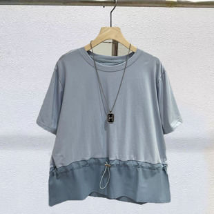 T恤女夏季 圆领抽绳下摆条纹荷叶边显瘦遮肉百搭上衣 宽松短袖 韩版