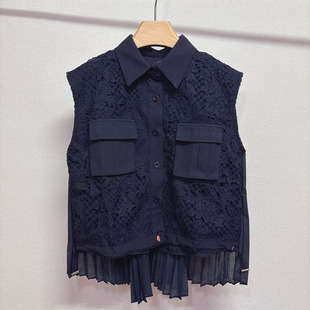 水溶钩花蕾丝拼接百褶荷叶边无袖衬衫宽松百搭抽绳百褶上衣夏季女