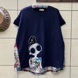 夏季新款时尚不规则前短后长设计感碎花拼接假两件上衣短袖T恤女t