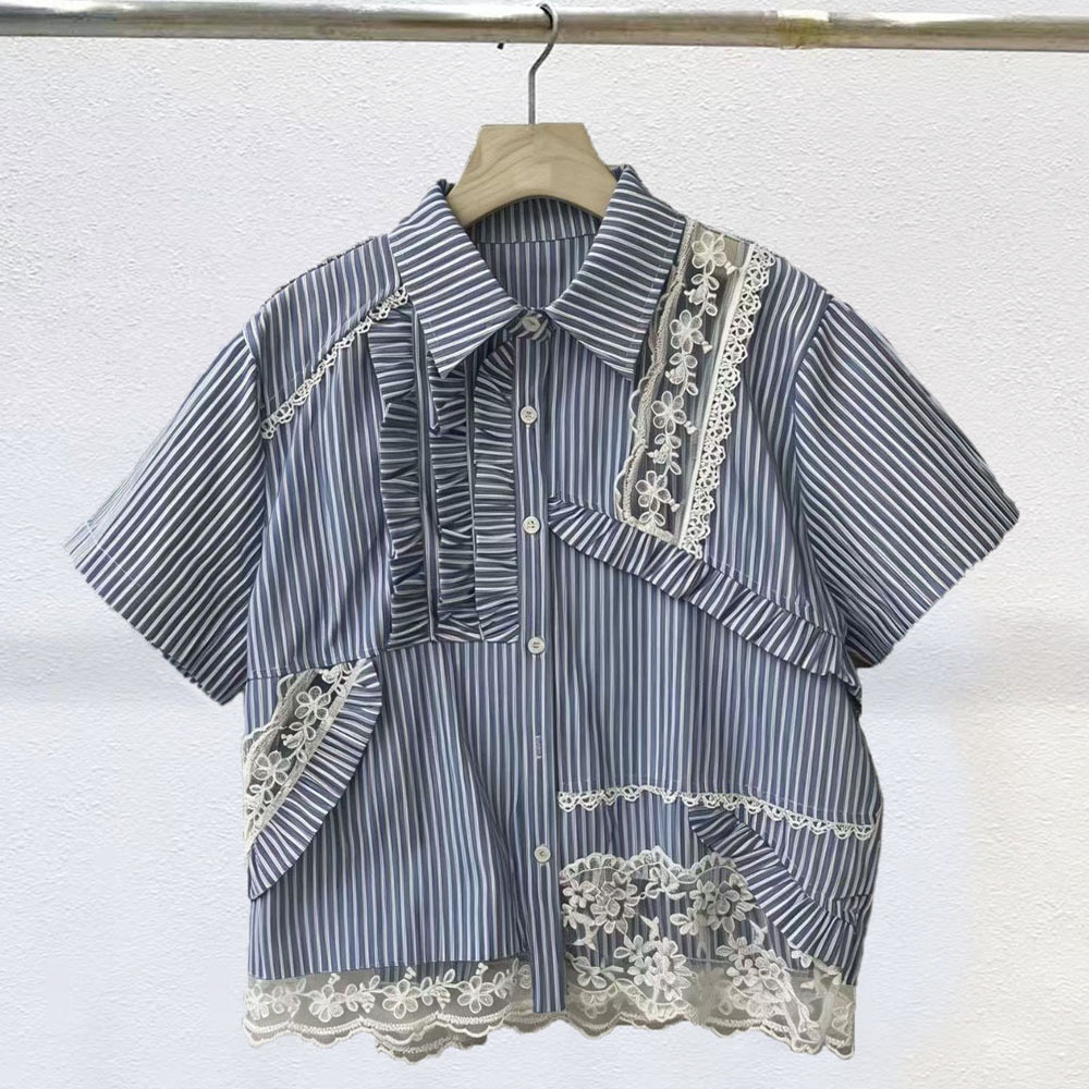 蕾丝荷叶边拼接条纹衬衫女短袖2026夏季新款宽松显瘦翻领木耳上衣