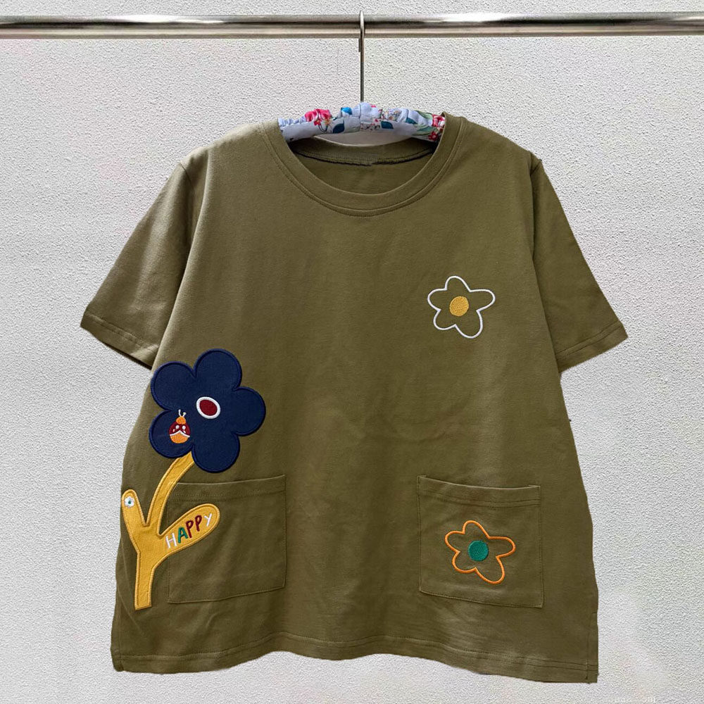 2026夏季新款刺绣立体花朵圆领短袖Tt恤宽松显瘦贴布口袋女装上衣