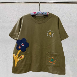2026夏季新款刺绣立体花朵圆领短袖Tt恤宽松显瘦贴布口袋女装上衣
