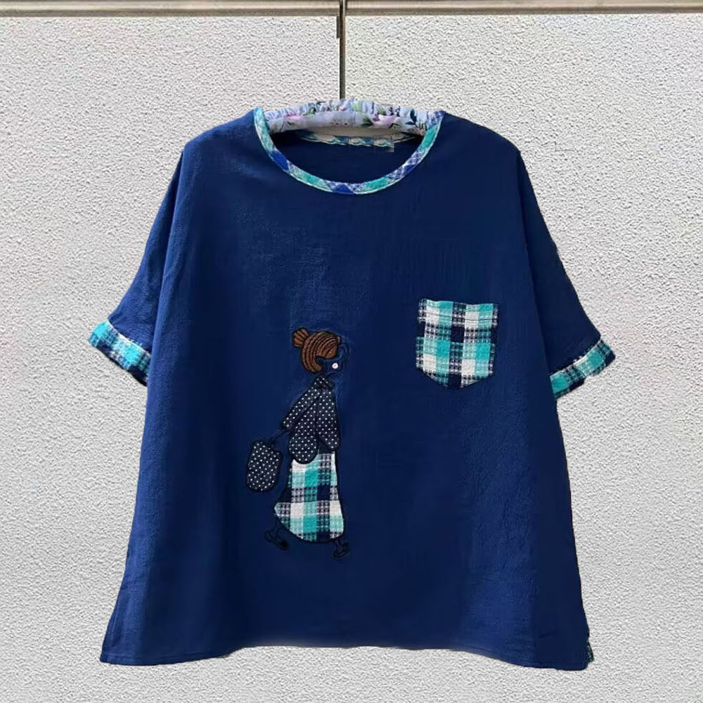 2026春夏季新款不规则撞色格子贴布口袋拼短袖T恤宽松大码上衣女t,女装/女士精品,T恤,淘宝优惠券,粉丝福利购,淘宝优惠卷