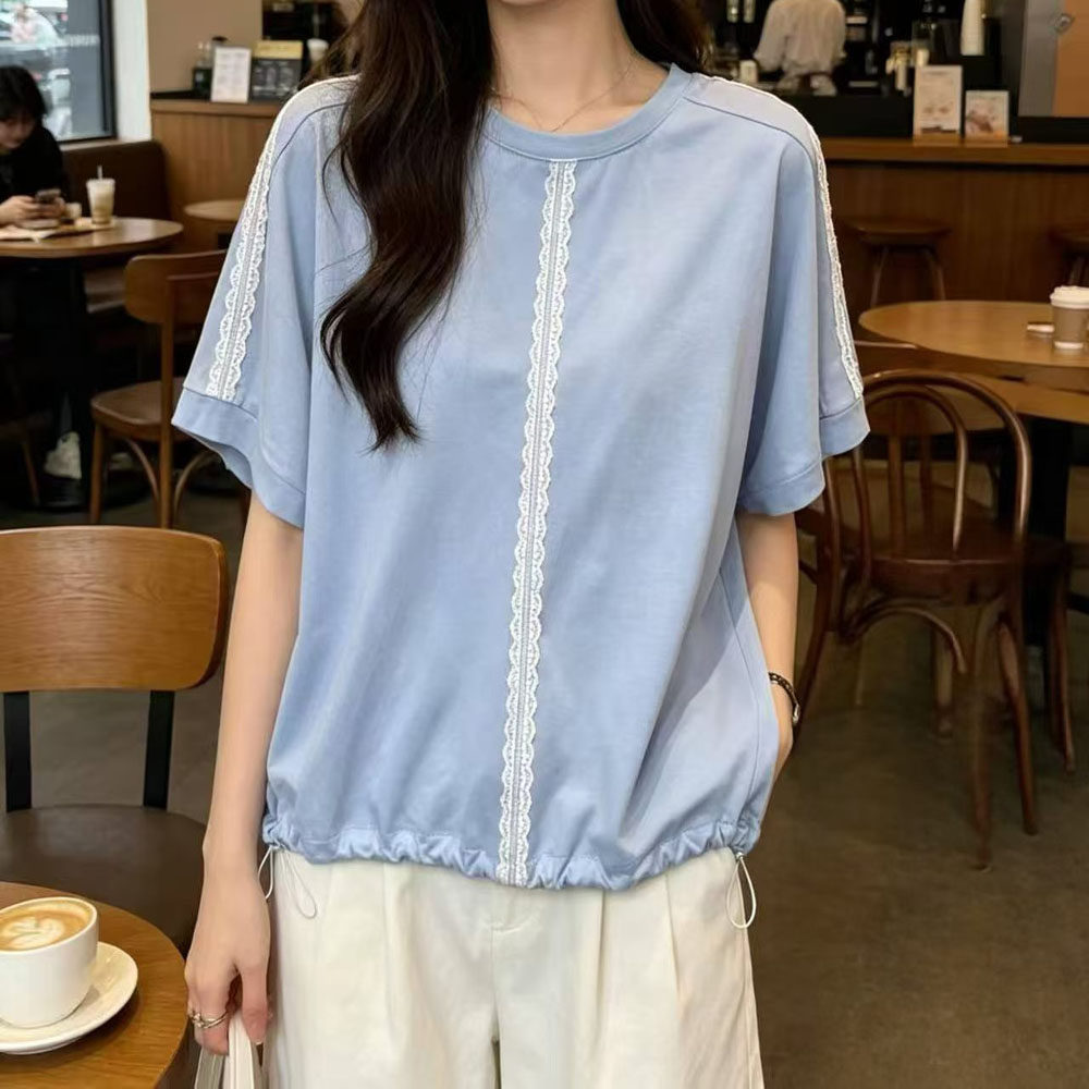 韩版宽松短袖T恤夏季抽绳显瘦肩膀蕾丝花边拼接显瘦遮肉女装上衣