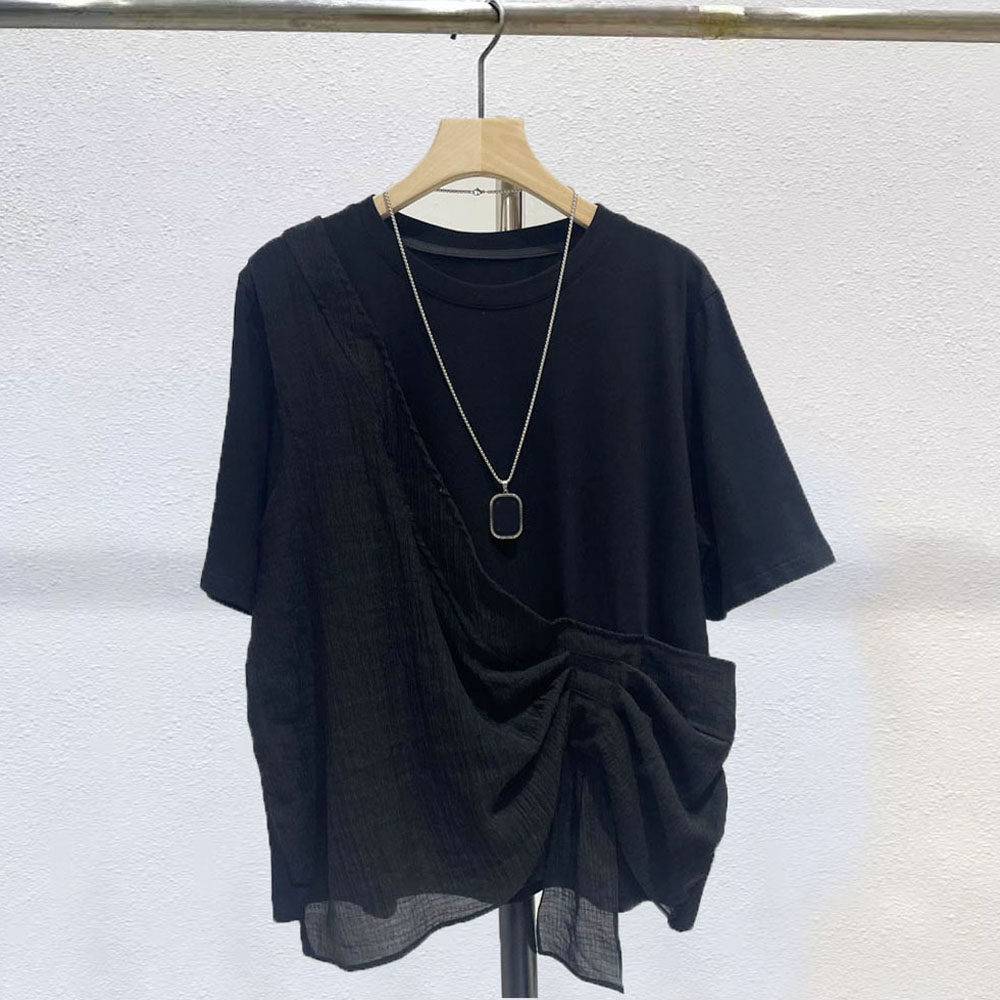 洋气不规则层层网纱荷叶边拼接套头假两件短袖T恤女装上衣小衬衫