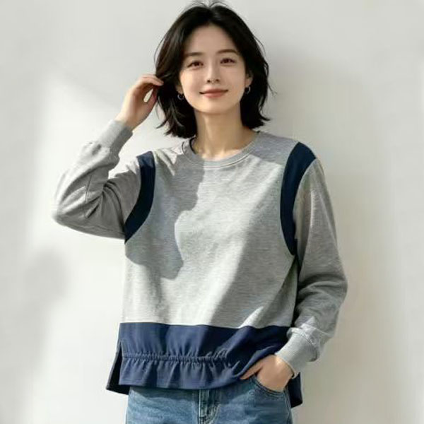 2026秋季新款撞色下摆木耳边遮肉显瘦抽绳上衣女套头卫衣长袖T恤