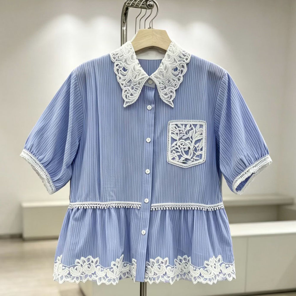 韩版蕾丝刺绣条纹短袖衬衫女2026夏季翻领设计感小众气质上衣
