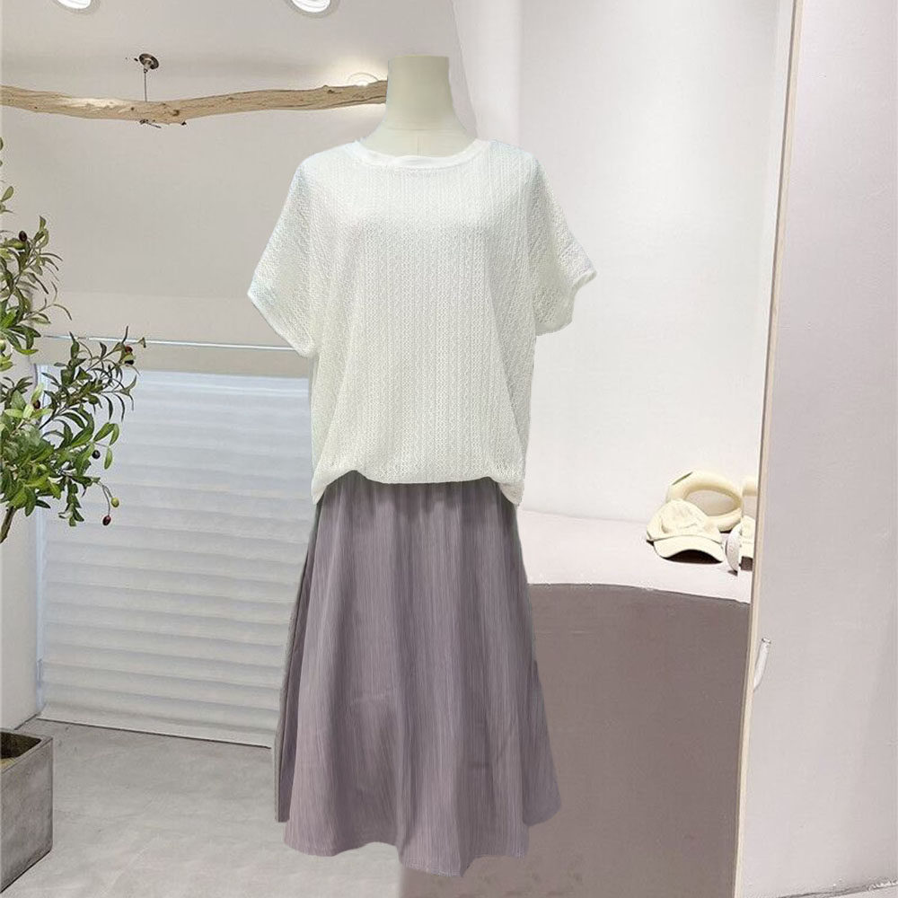 夏季新款时尚韩版假两件设计感蕾丝拼接中长款短袖连衣裙女裙子