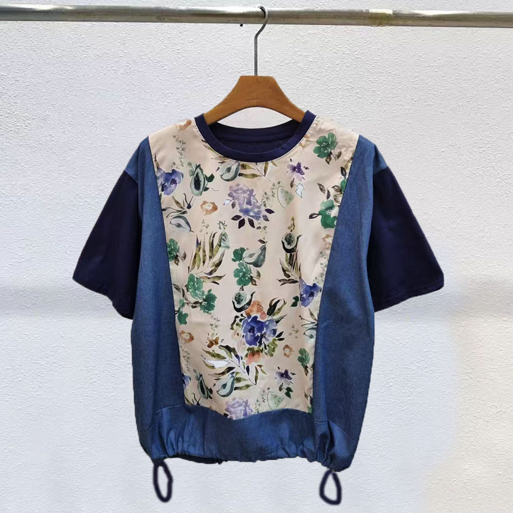 度假风春夏款女装上衣印花拼接牛仔假两件设计感抽绳下摆短袖T恤