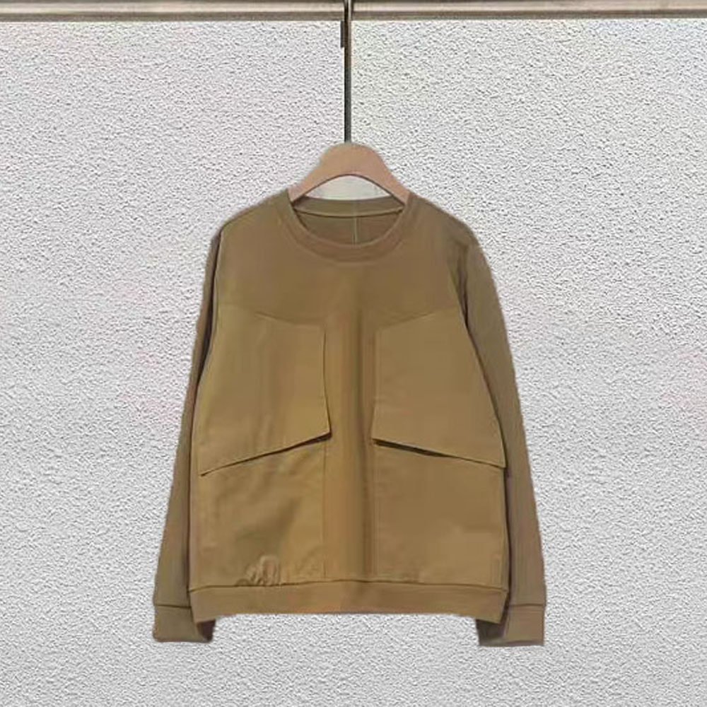 工装风圆领大口袋设计感拼接长袖卫衣女宽松显瘦卡其色港风上衣