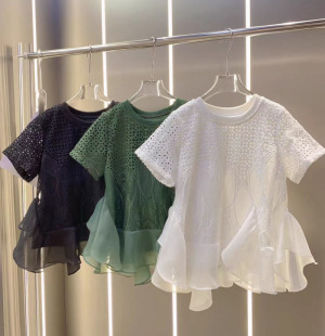 荷叶边镂空刺绣衬衫女2025夏新款设计感小众别致法式气质短袖上衣