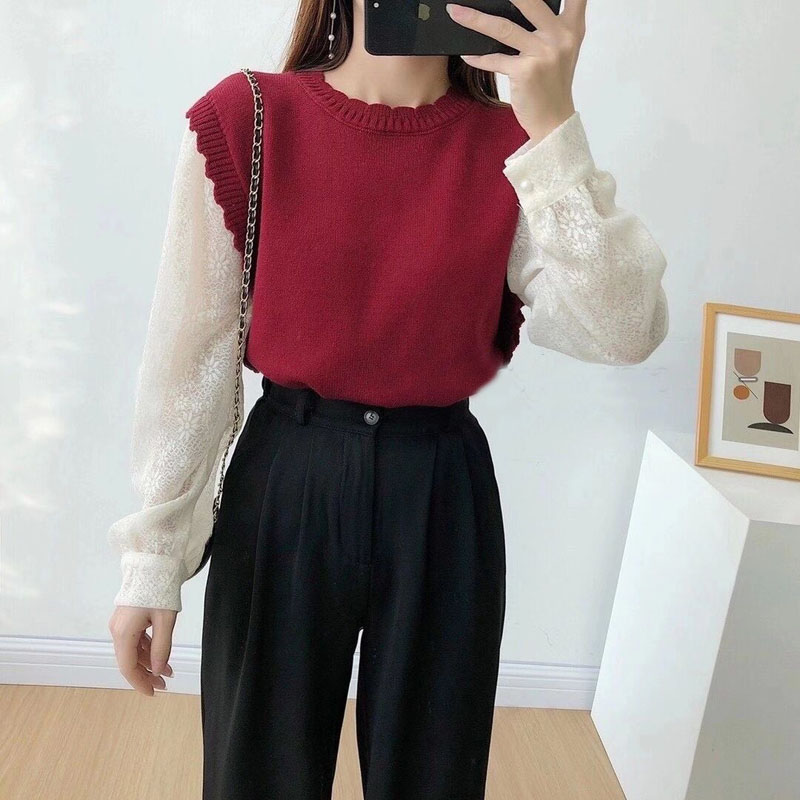 秋季新款超仙女碎花雪纺针织衫