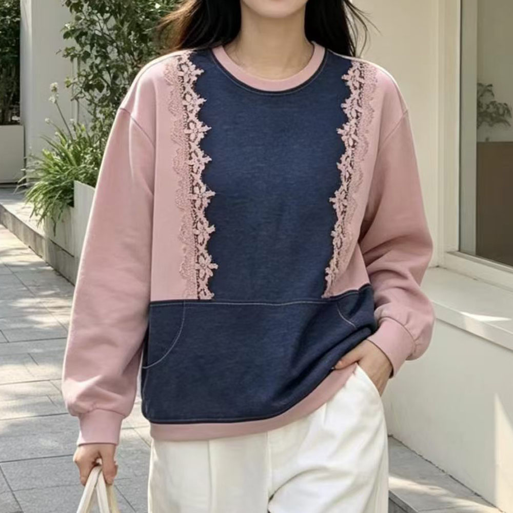 高级感蕾丝拼接卫衣女秋季撞色显瘦减龄圆领长袖上衣