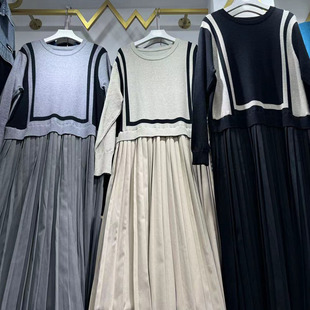 东大门秋冬新款时尚洋气女装假两件拼接套装长裙连衣裙长袖针织裙