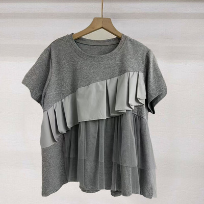 荷叶边下摆娃娃衫短袖体恤衫女