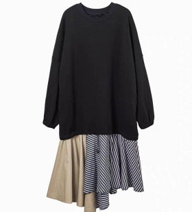 早秋新款法式条纹格子荷叶边不规则连身裙抽绳长袖卫衣连衣裙