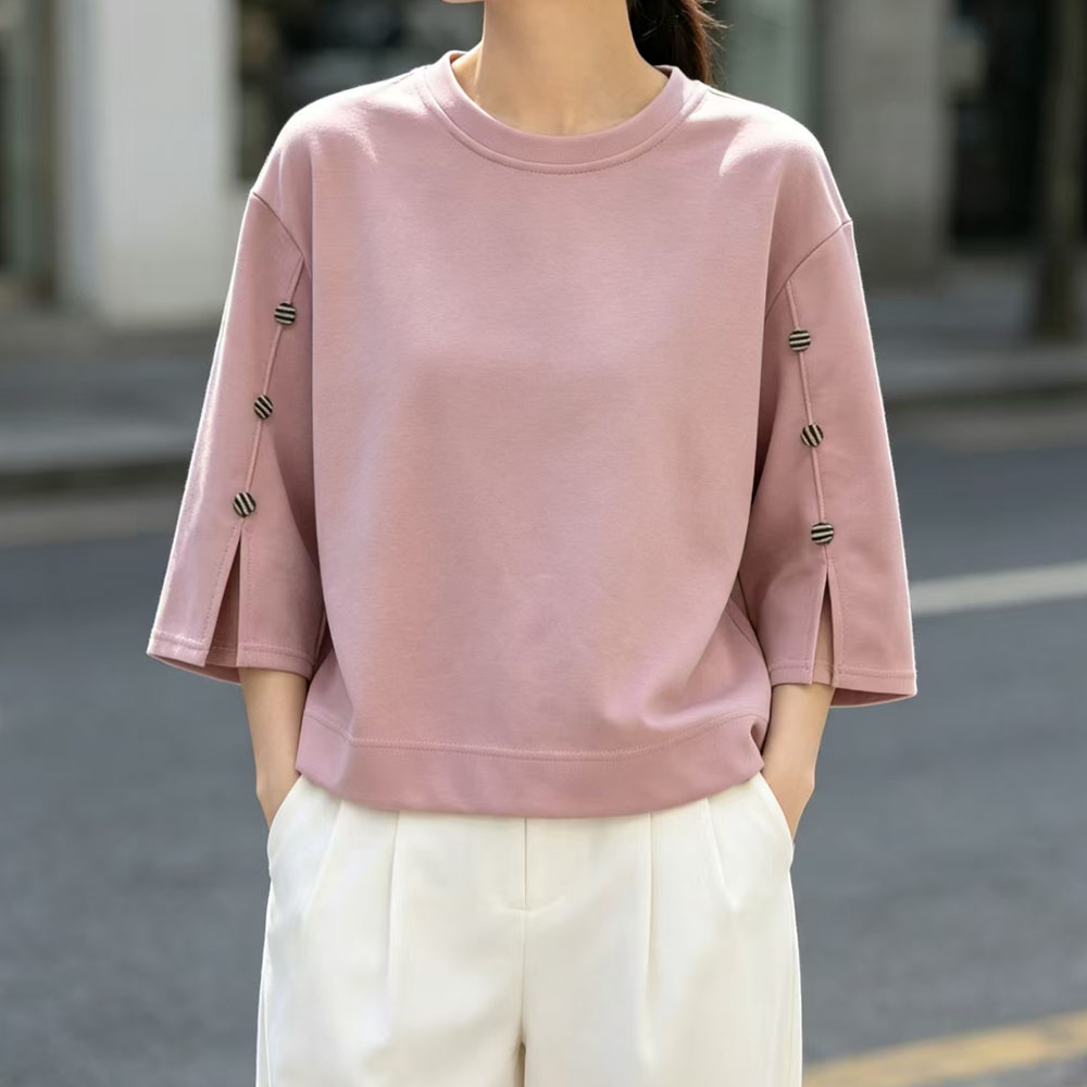 日系秋季新款通勤简约甜美宽松休闲风落肩七分袖T恤女装套头卫衣