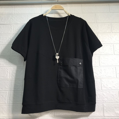 韩版宽松圆领不规则口袋上衣