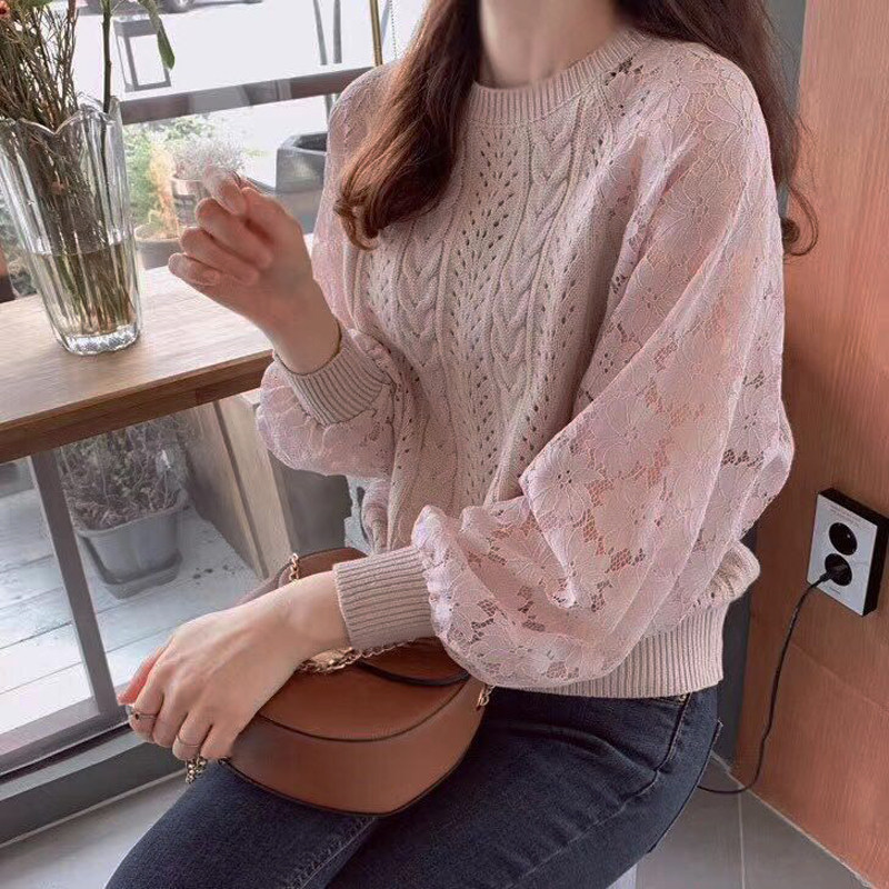 东大门秋季新款泡泡袖蕾丝花边拼接麻花套头卫衣毛衣针织衫上衣女