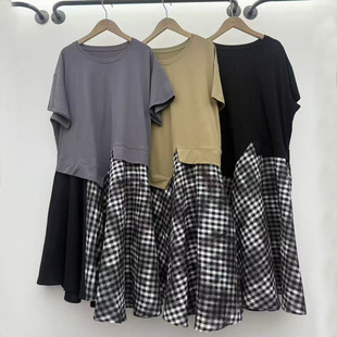 时尚不规则拼接撞色格子假两件连衣裙女宽松圆领短袖中长款A字裙