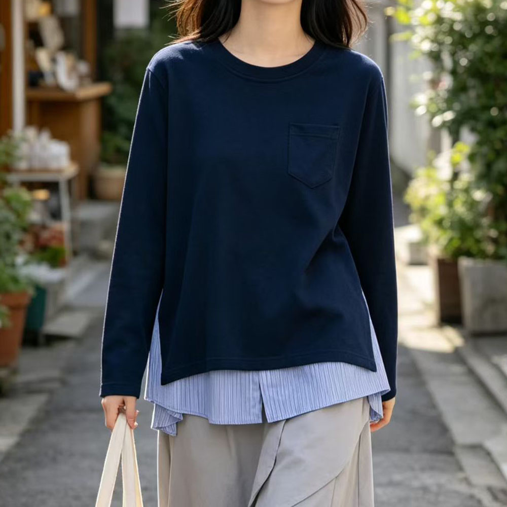 秋季新款条纹衬衫假两件设计感女装体恤套头卫衣