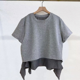 时尚韩版菱格不规则荷叶边下摆拼接假两件短袖T恤宽松别致女上衣
