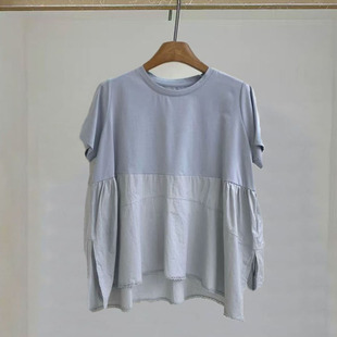 洋气开叉荷叶边下摆拼接设计短袖 T恤女宽松显瘦圆领上衣简约风格