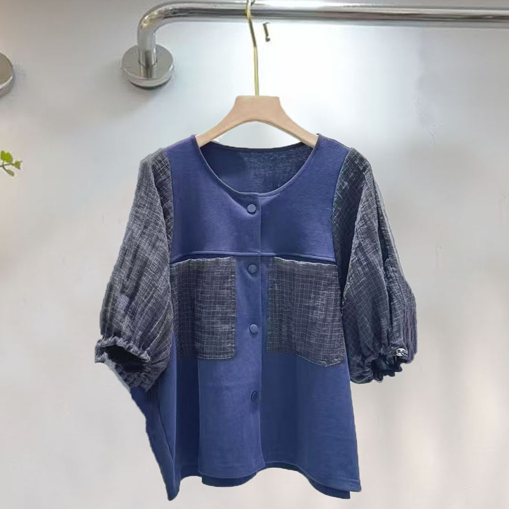 网纱泡泡袖拼接棉质女装上衣