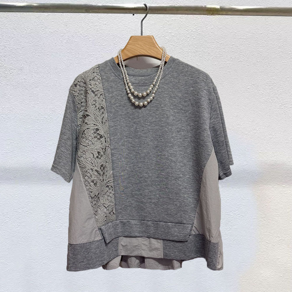 2026夏季新款不规则水溶花拼接后背百褶女装上衣前短后长短袖Tt恤