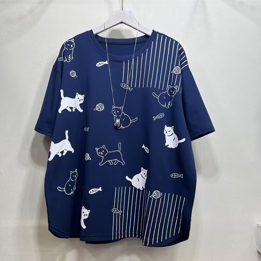 时尚港风猫咪印花图案棉质宽松短袖T恤夏季套头圆领显瘦别致上衣