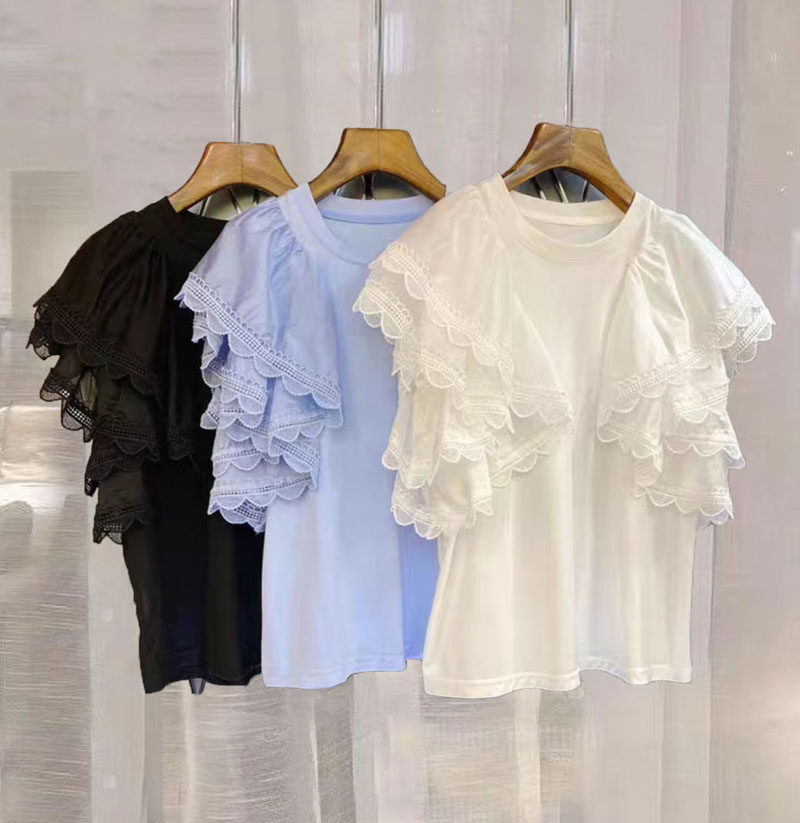 荷叶边圆领飞袖t恤女2025新款设计感小众宽松百搭别致短袖上衣潮