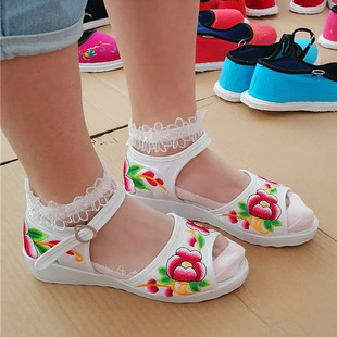 云南坡跟高跟鞋凉鞋女夏季新品韩版鱼嘴一字扣松糕厚底罗马布鞋子