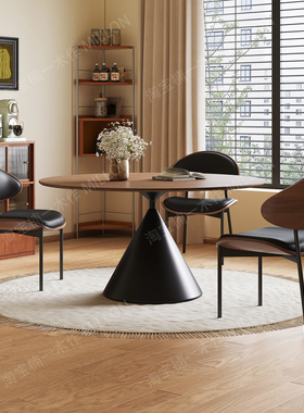 中古风实木圆桌家用小户型圆形小桌子黑胡桃木法式复古餐桌椅组合