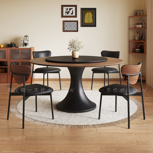 中古风实木圆桌小户型餐桌