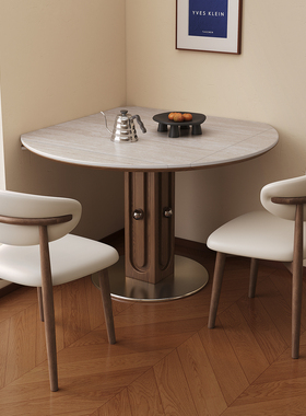 中古风岩板圆餐桌椅组合家用小户型方圆两用复古正方形四折叠餐桌