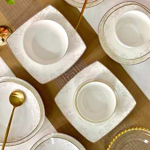 骨瓷四方形盘子高级感轻奢菜盘金边方盘陶瓷碗家用2023新款翘角